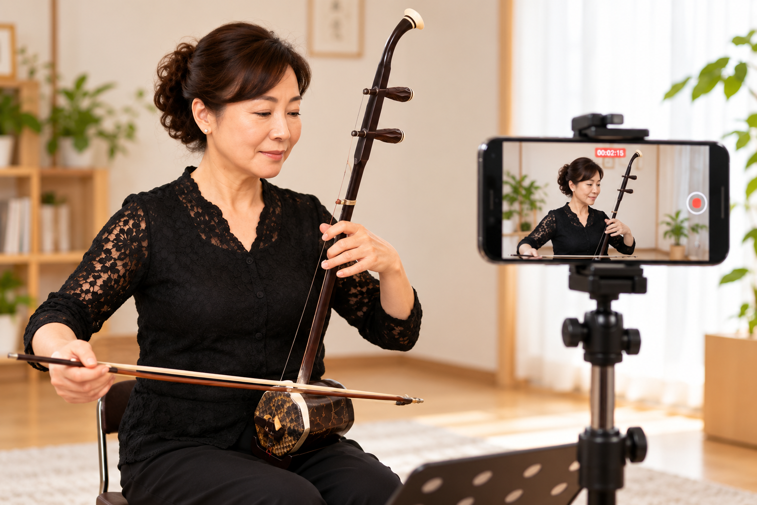 二胡の演奏動画をスマートフォンで撮影して提出する様子